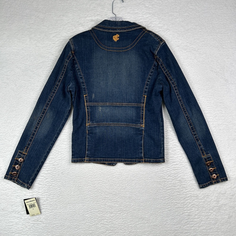 NWT ROCAWEAR Denim Blue Jean Jacket Embroidered Logo Y2K Women's Large - Picture 7 of 13